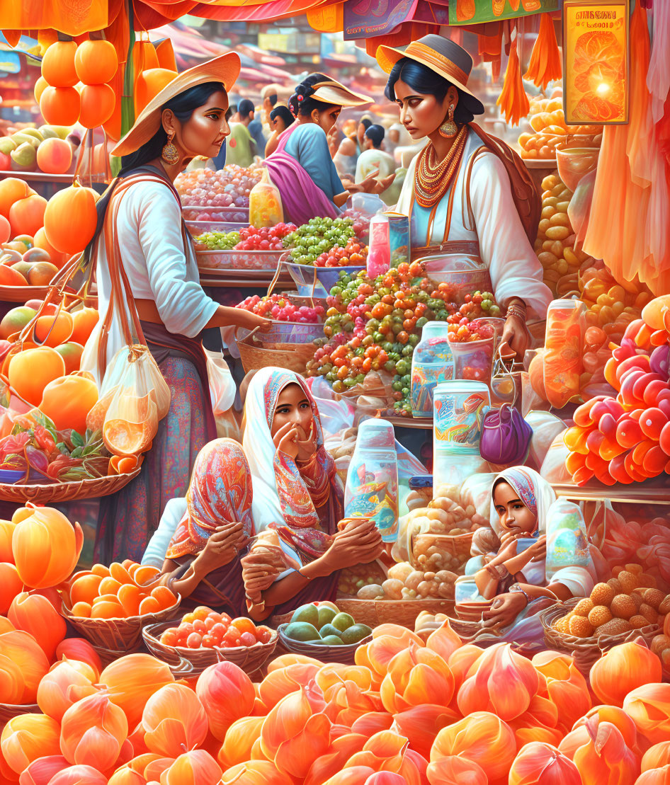 Colorful Market Scene: Women in Traditional Attire Shopping for Fresh Produce