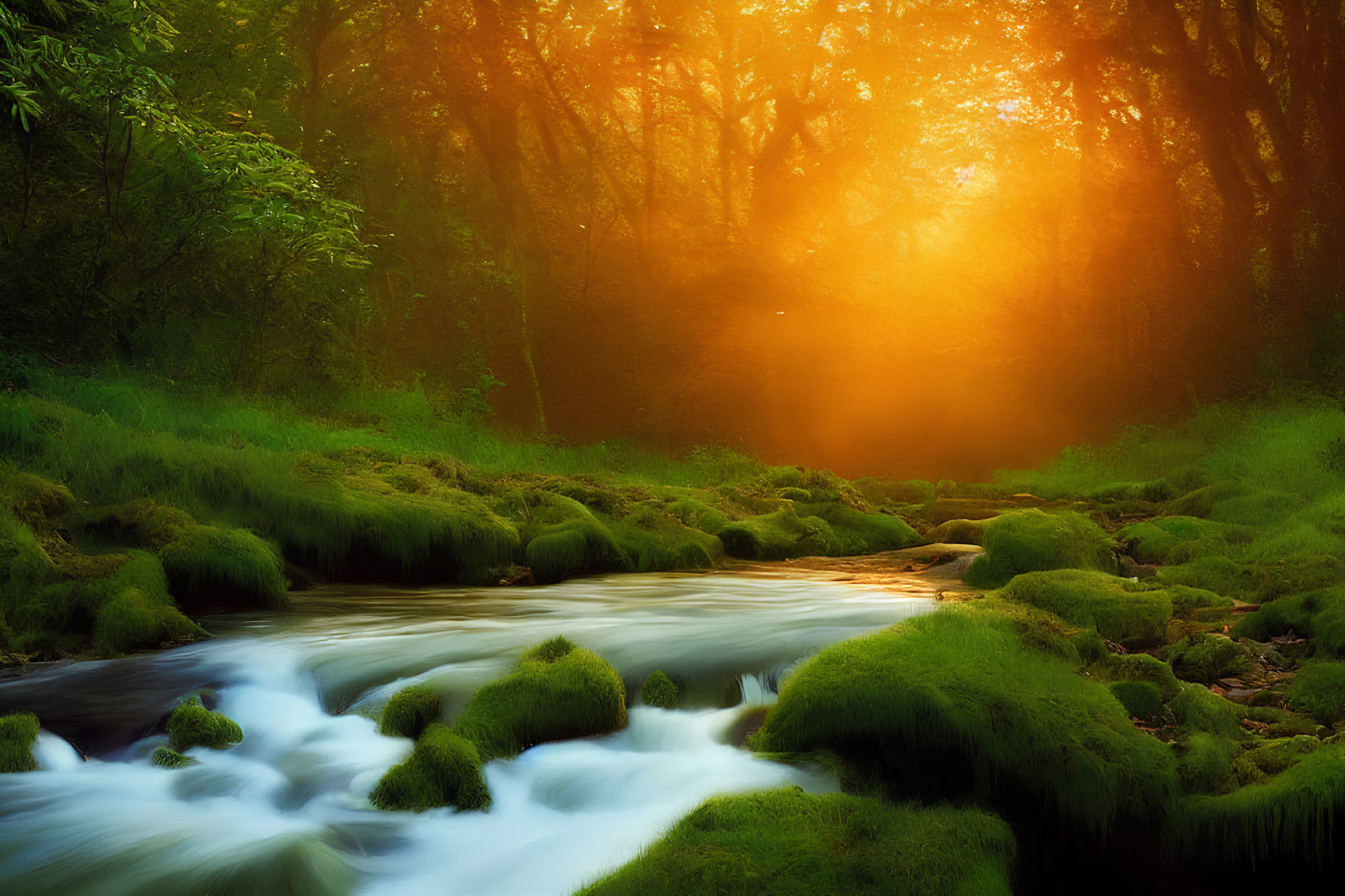 Tranquil stream in lush forest with moss-covered stones