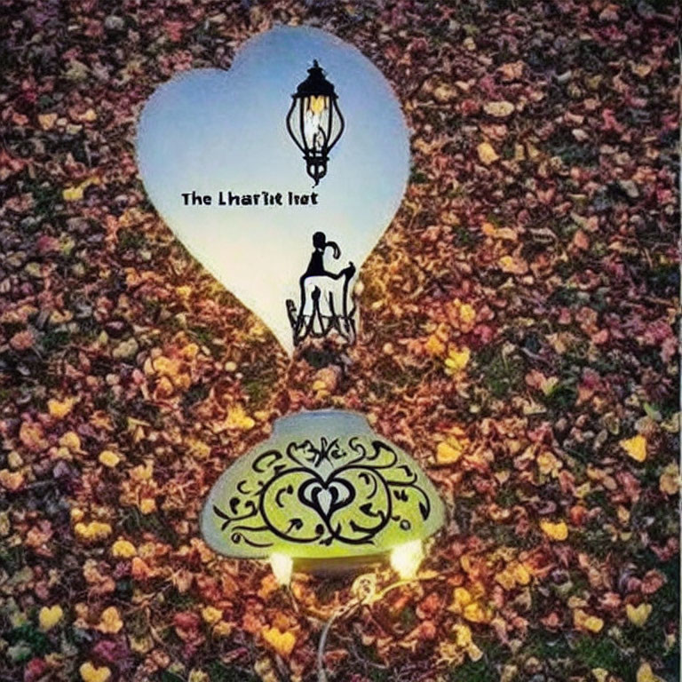 Heart-shaped cutout frames couple embracing under street lamp on leaf-strewn surface.