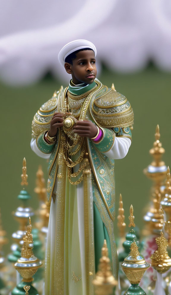 Young boy in traditional attire with golden scepter among miniature spires