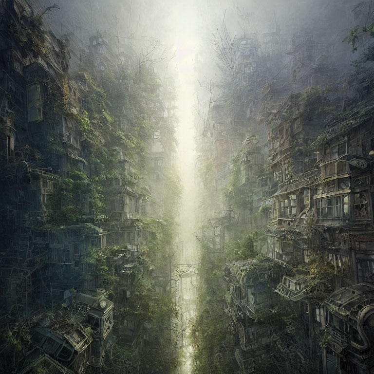 Ethereal post-apocalyptic scene with overgrown buildings and narrow passage