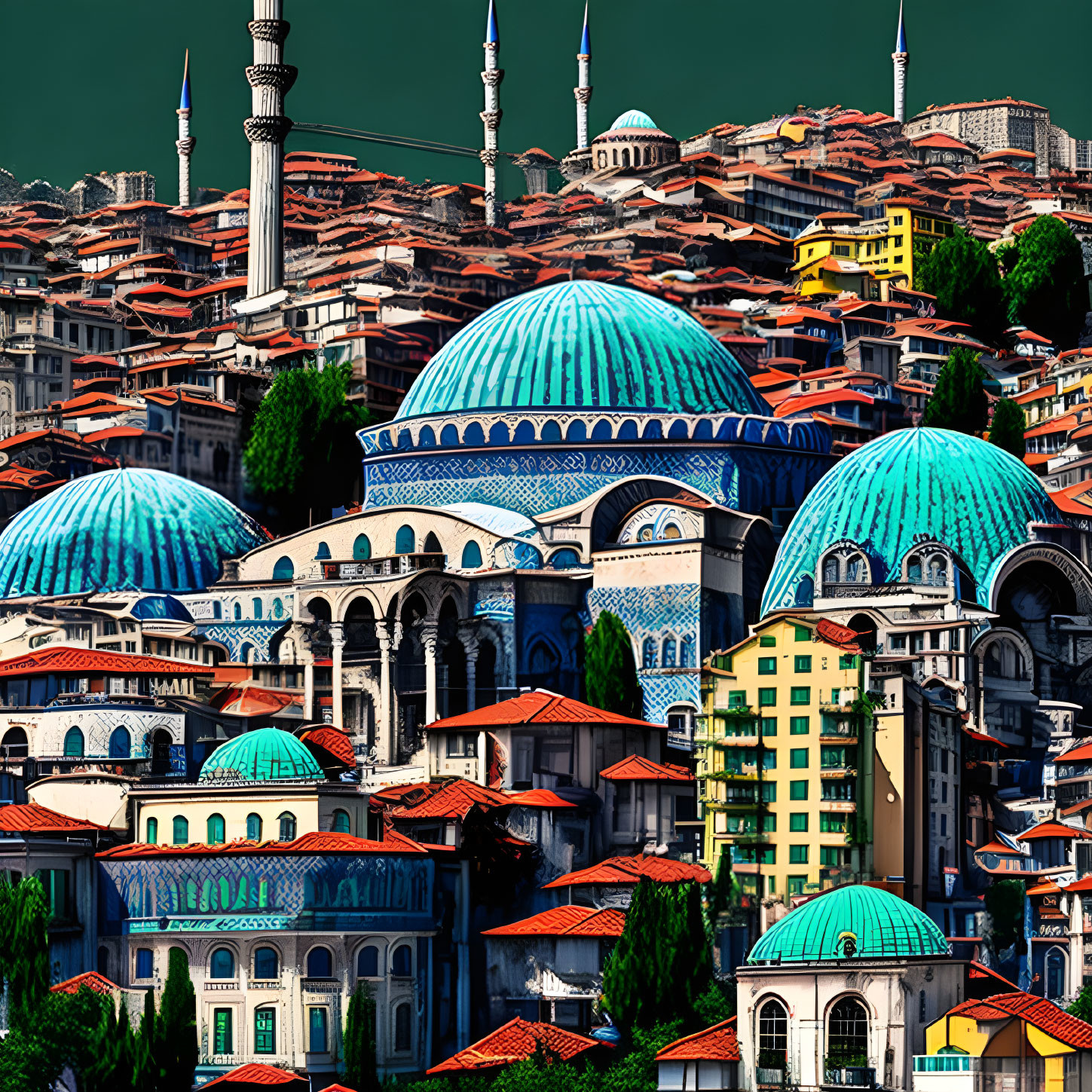 Vibrant cityscape with domed structures and minarets on hillside