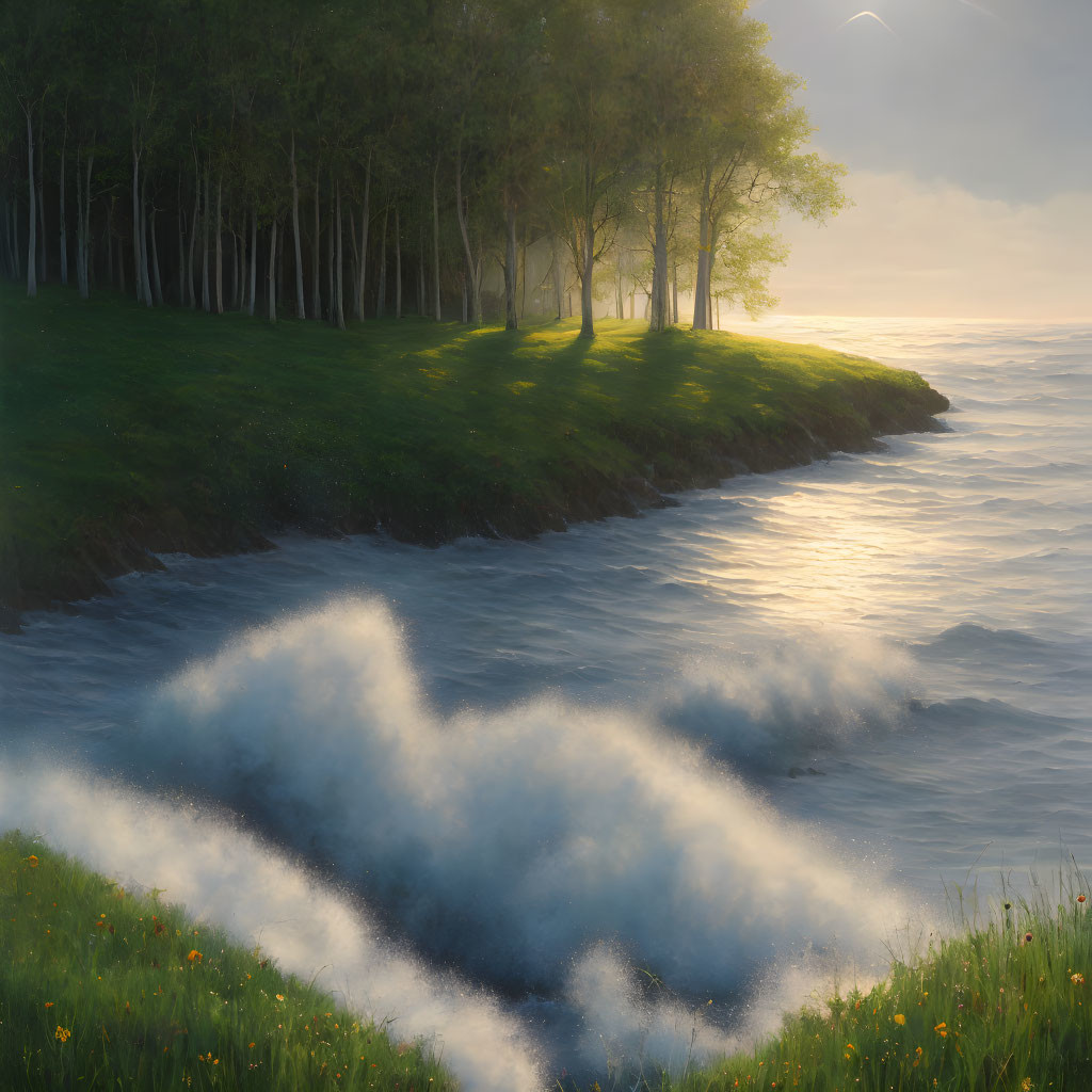 Tranquil Cliff Scene: Sunlight, Trees, Sea Wave