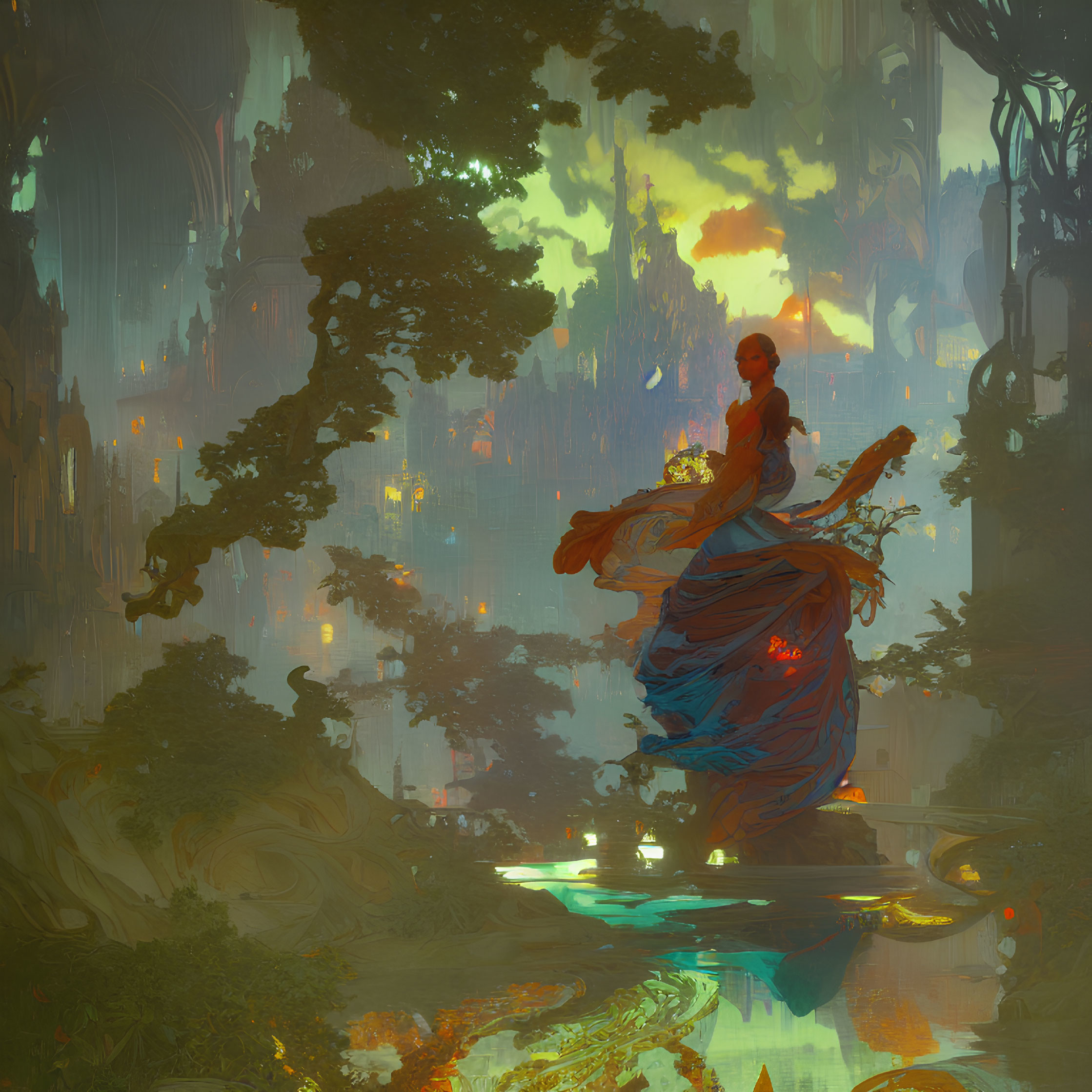 Woman in flowing dress on tree branch in mystical forest with luminous plants and ethereal cityscape.