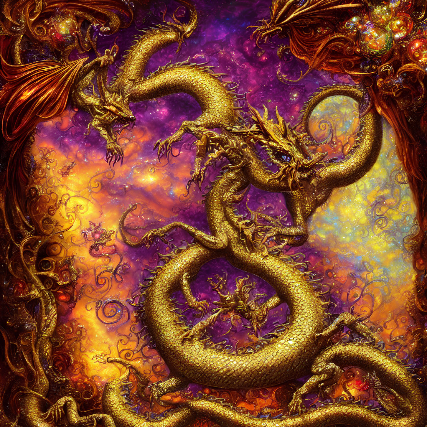 Golden dragon in cosmic backdrop with purple, orange, and gold hues.