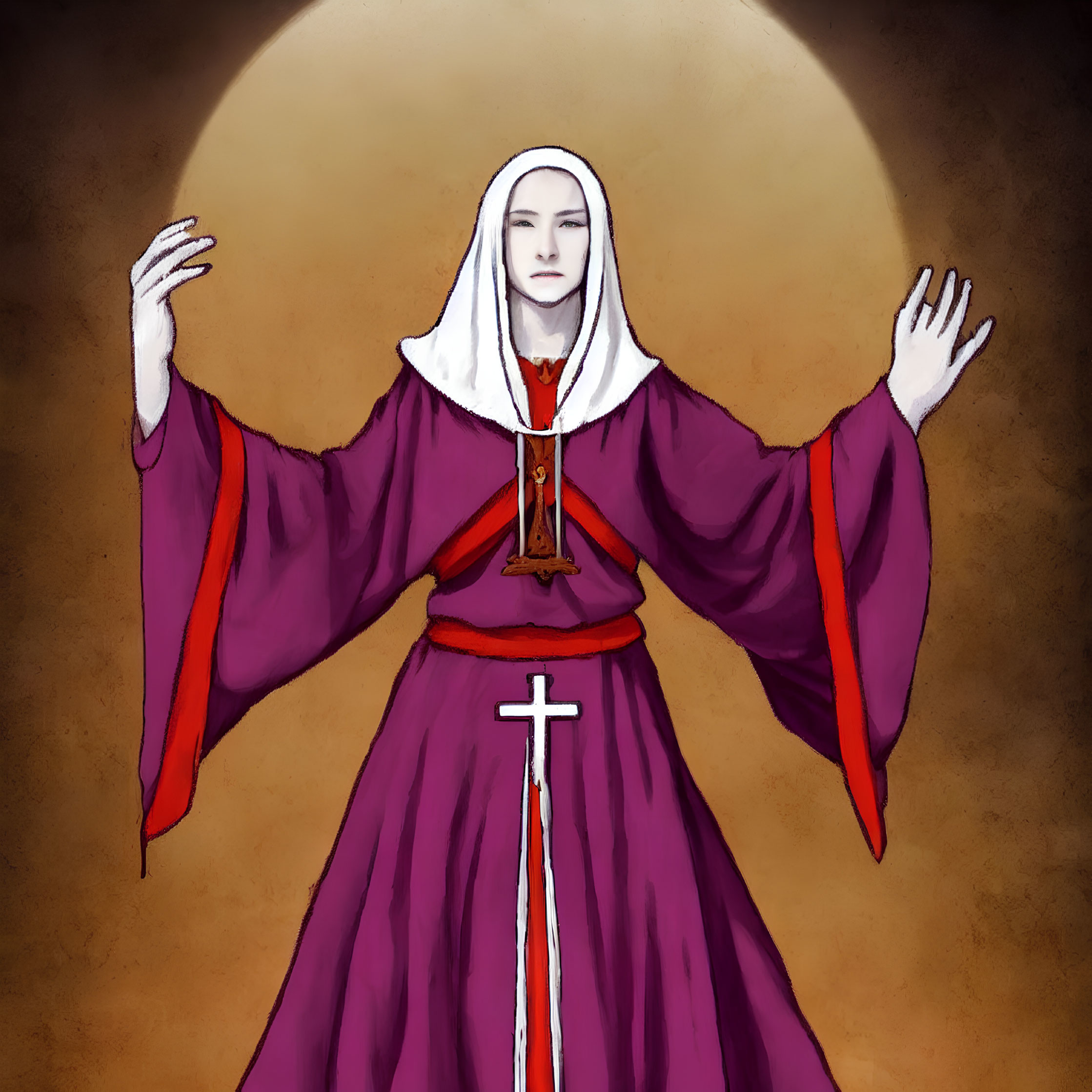 Figure in purple and white robe with cross and halo gesture illustration