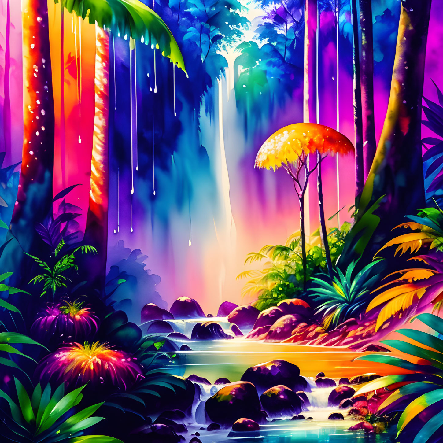 Fantasy Rainforest Illustration with Stream and Glowing Mushrooms