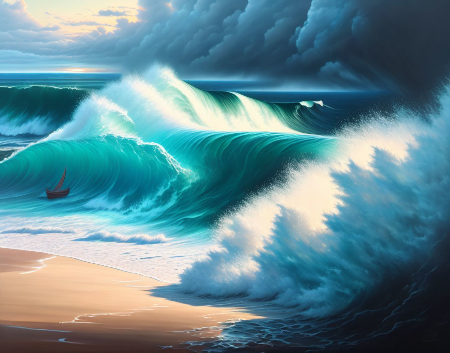 Ocean painting: Turquoise wave, small boat, sunset sky