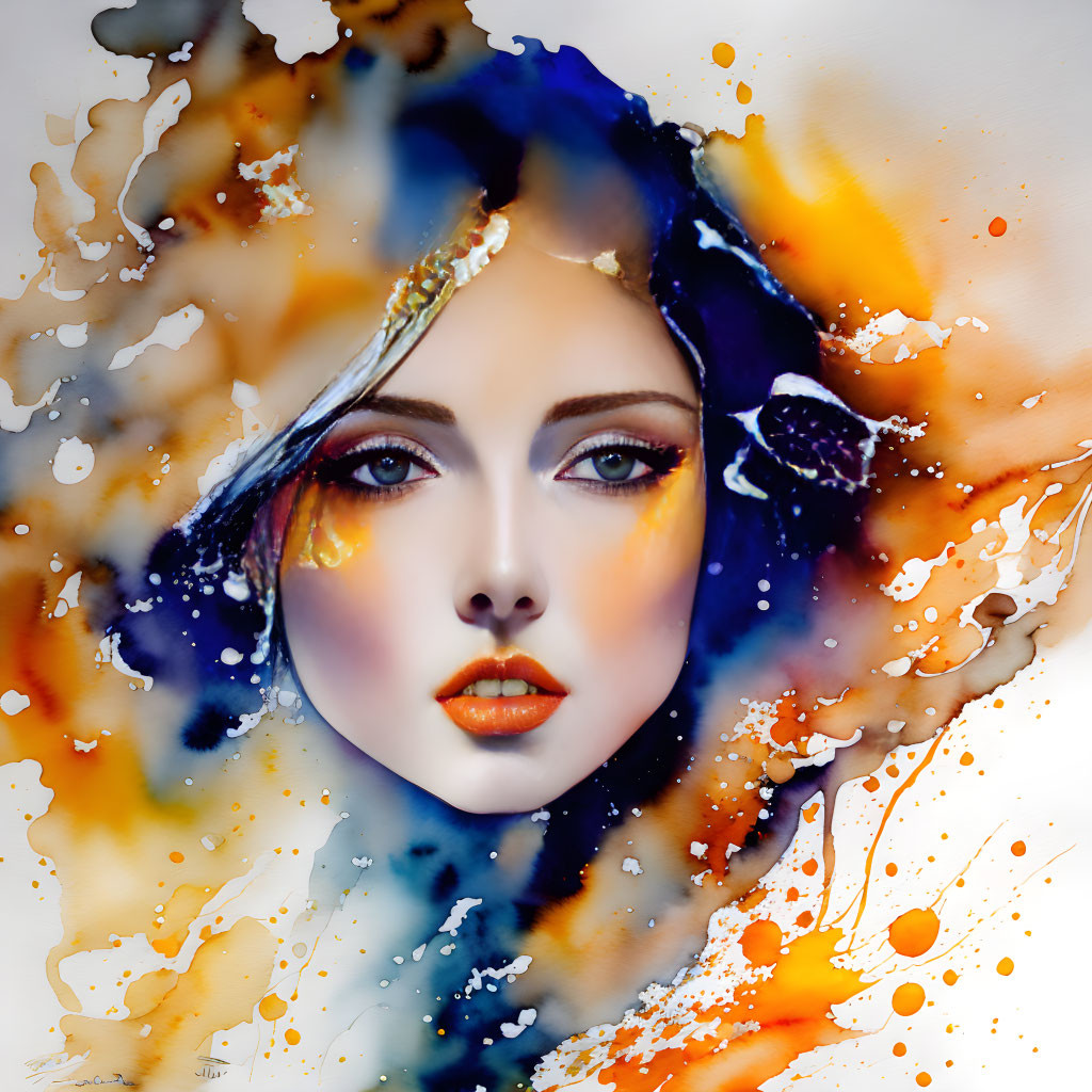 Colorful digital artwork: Woman with blue hair and rose, merging with watercolor splashes