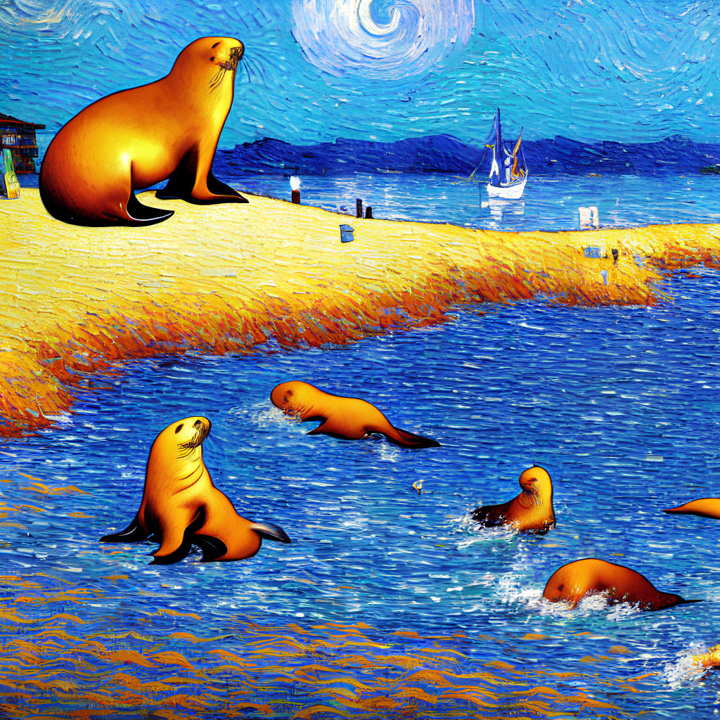 Digitally altered image of seals on beach with "Starry Night" painting effects