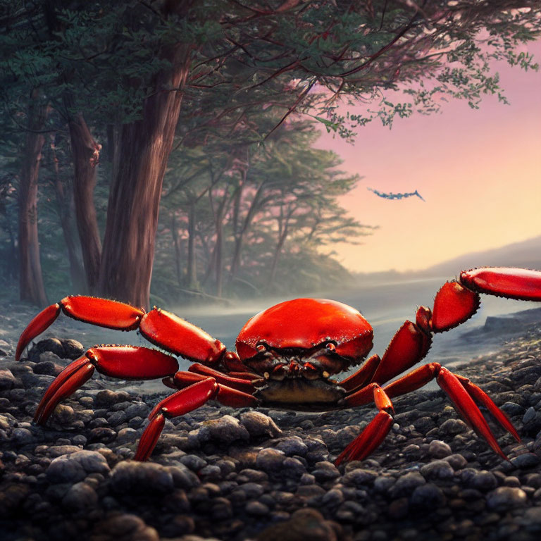 Red crab on pebble ground in misty forest at sunrise