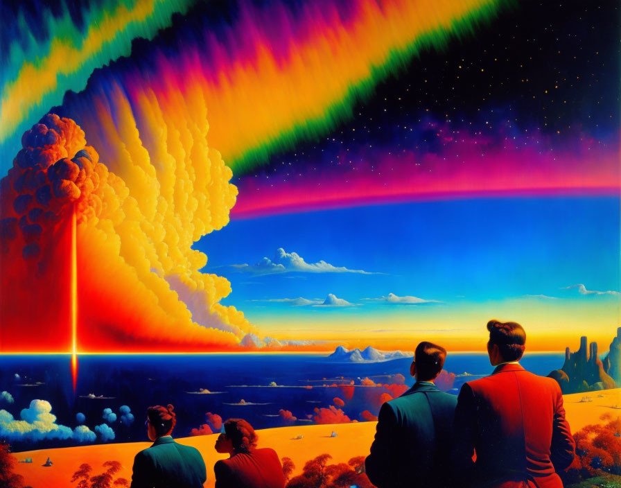 Four individuals in vibrant painting under surreal multicolored sky