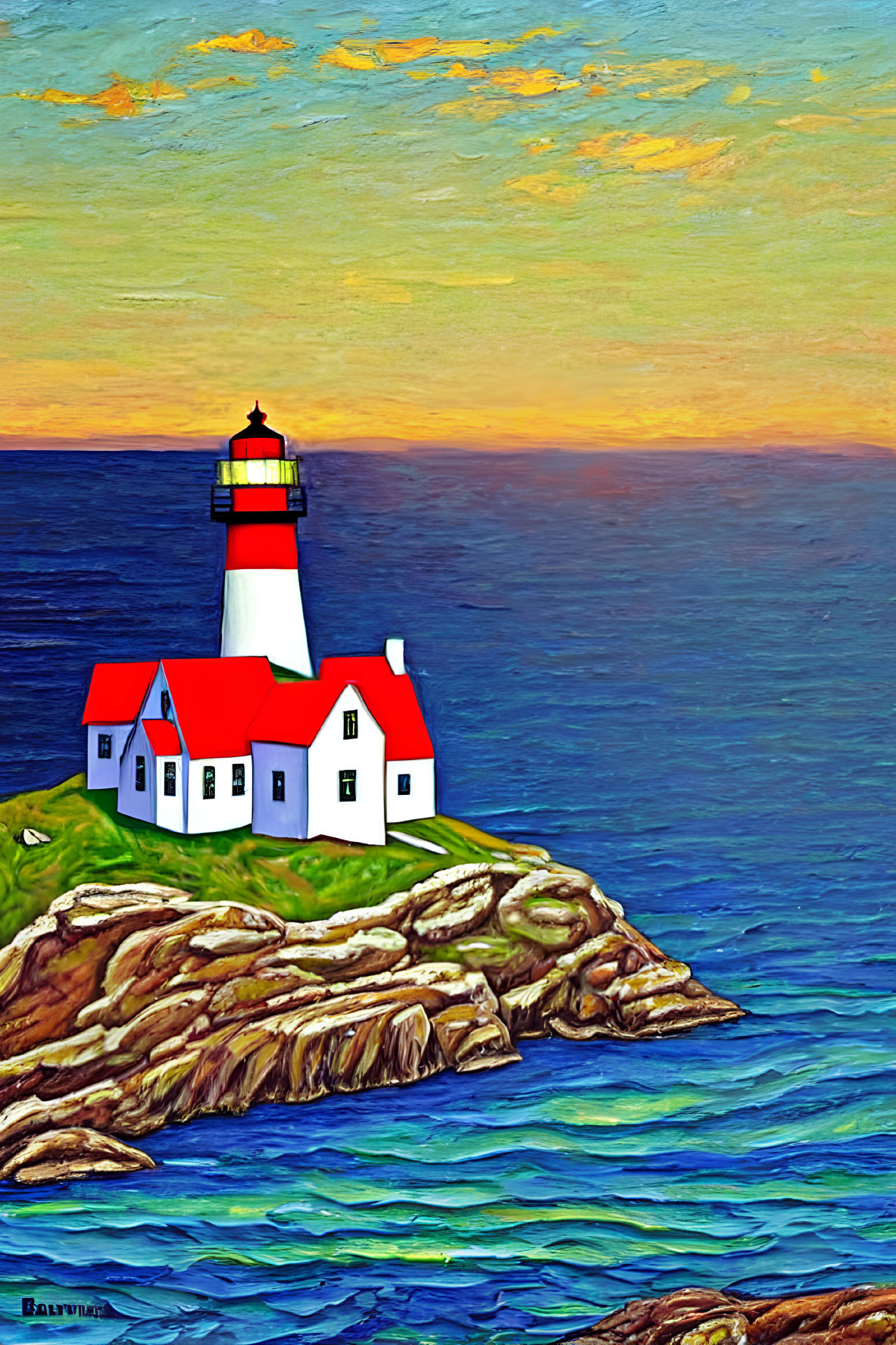 Scenic painting of lighthouse on rocky outcrop at sunset