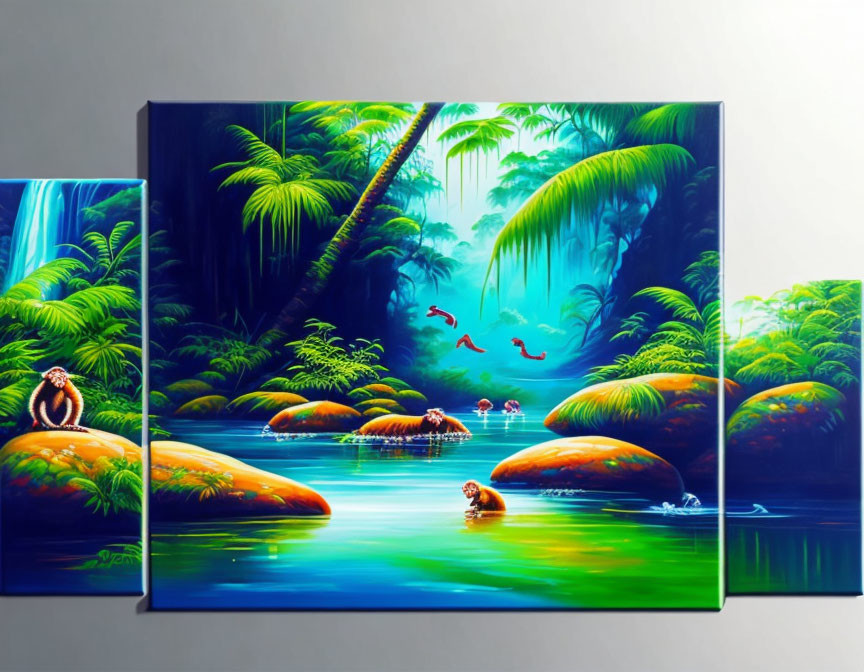 Colorful Jungle Scene with Birds, Tigers, and River