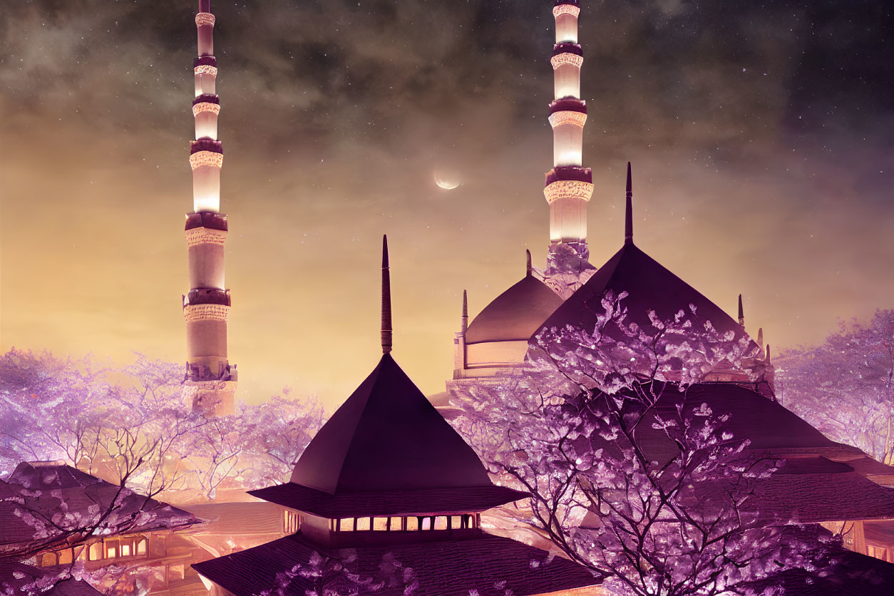 Mosque surrounded by purple blossoming trees under starry sky