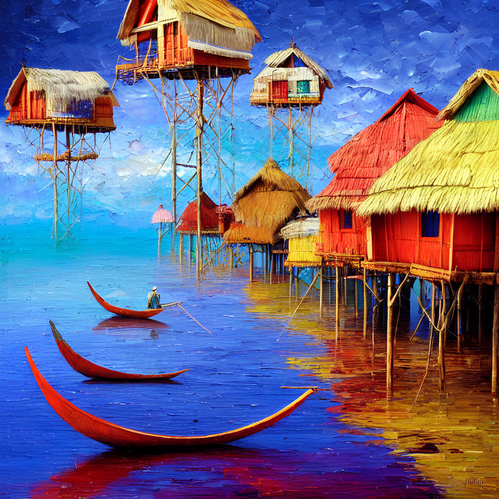 Vibrant stilt houses and boats on water under textured blue sky