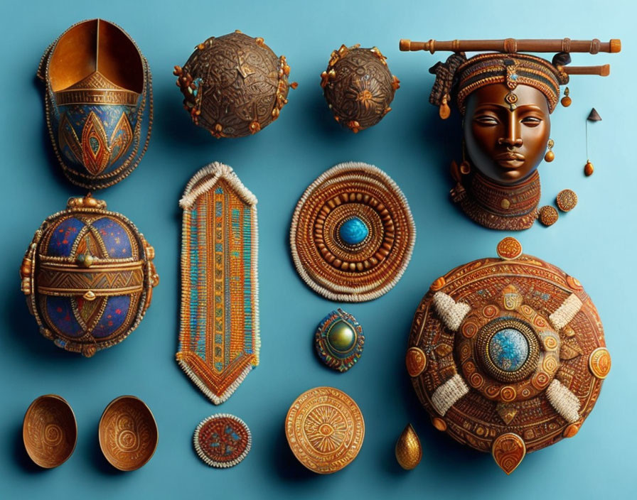 Traditional African artifacts: beaded jewelry, ornamental containers, mask on blue background