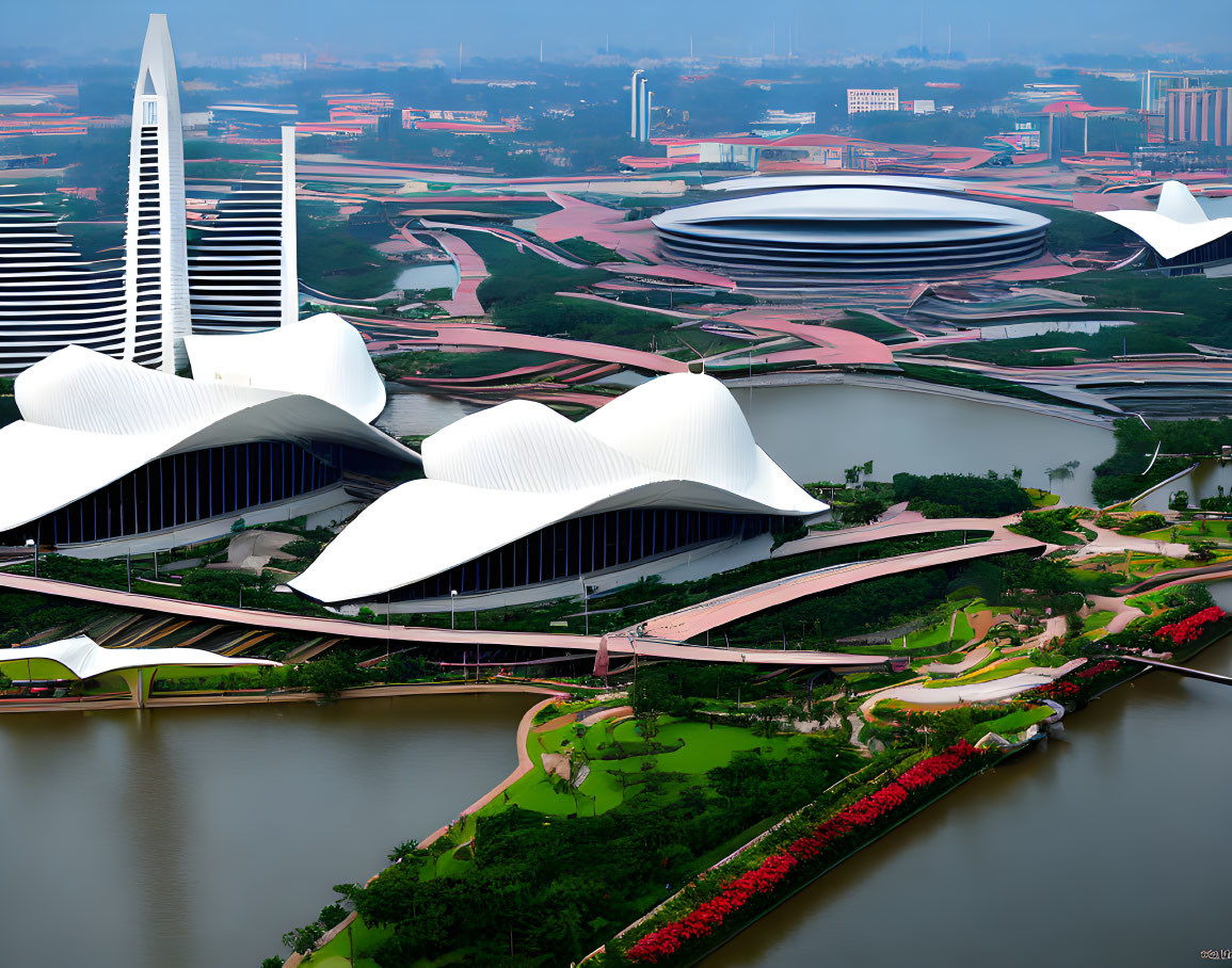 Modern cityscape with white shell-shaped buildings and waterways