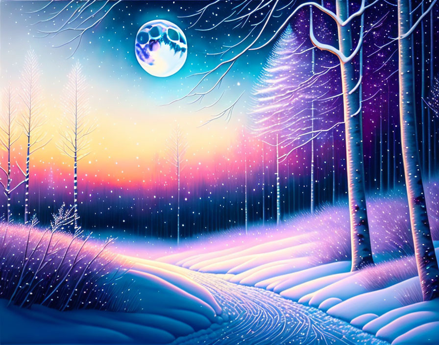 Vivid winter night scene with colorful sunset sky, snow-covered trees, full moon, and falling snow