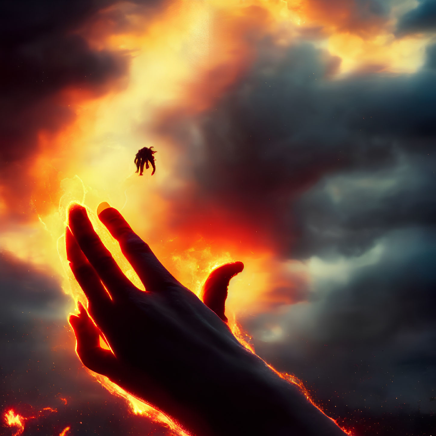 Silhouette of person above giant hand in fiery sky