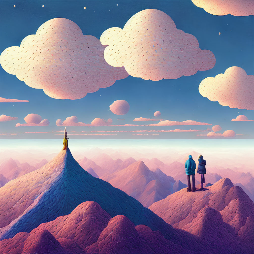 Two people on purple mountain gaze at floating rock islands in twilight