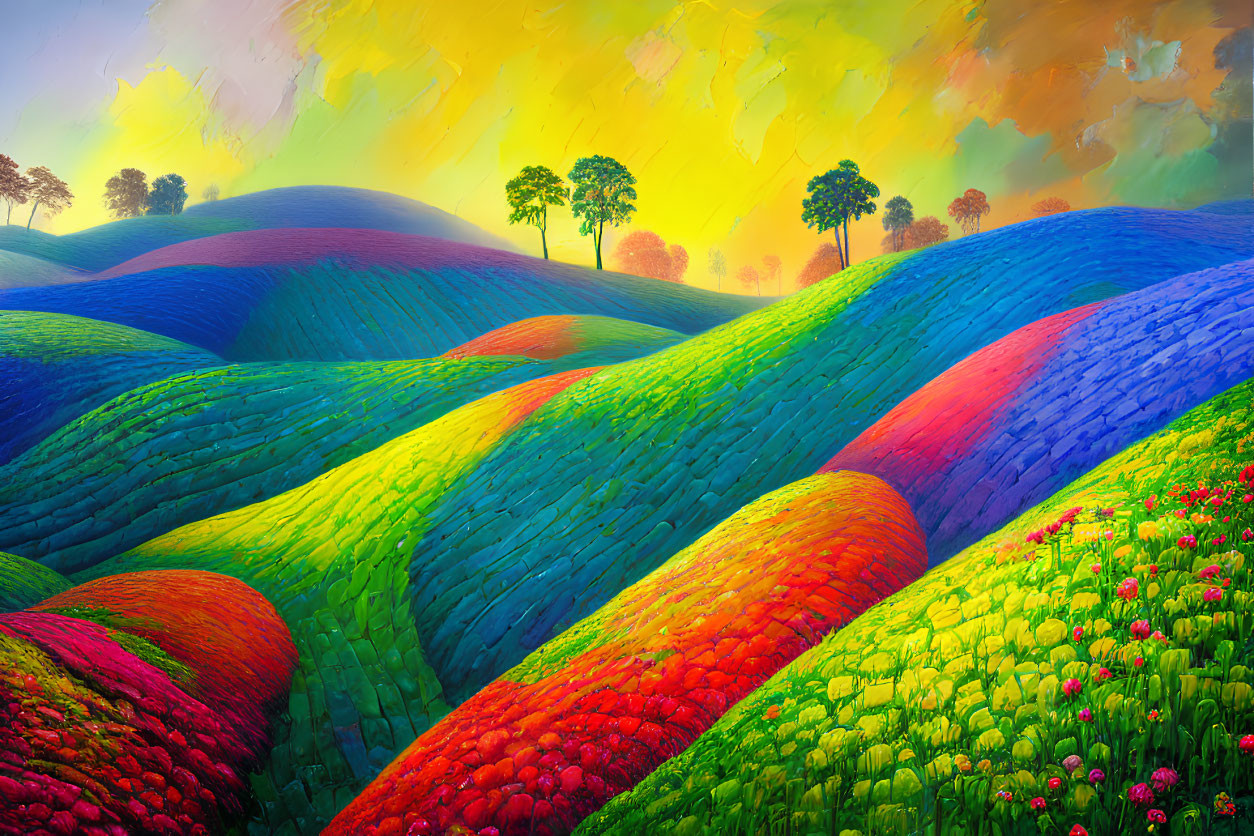 Colorful landscape painting with rolling hills under a vibrant sky