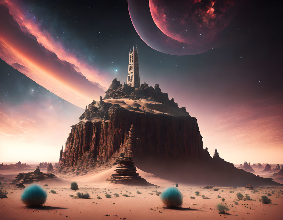 Fantastical landscape with towering spire on mesa, large planet, vibrant nebula, desert setting