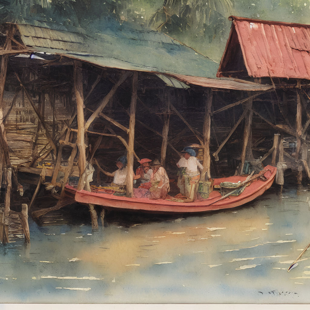 Traditional Attire Individuals in Red Boat by Riverbank