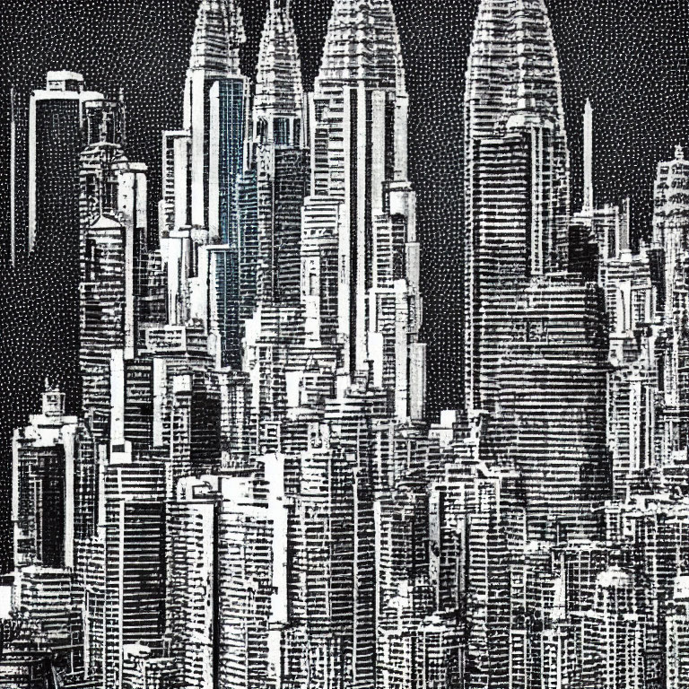 Monochrome stipple art of dense skyline with skyscrapers