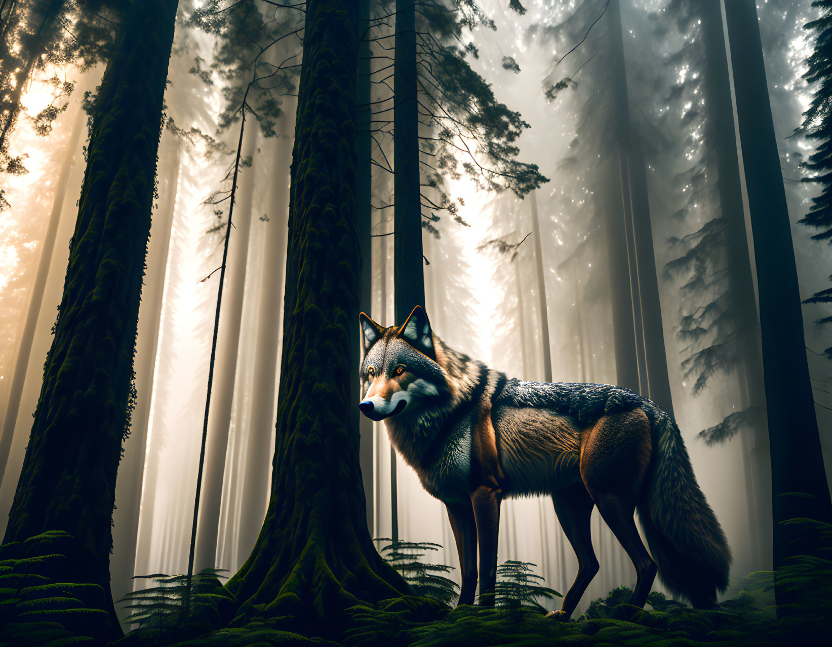 Lone wolf in sunlit forest with mist and towering trees