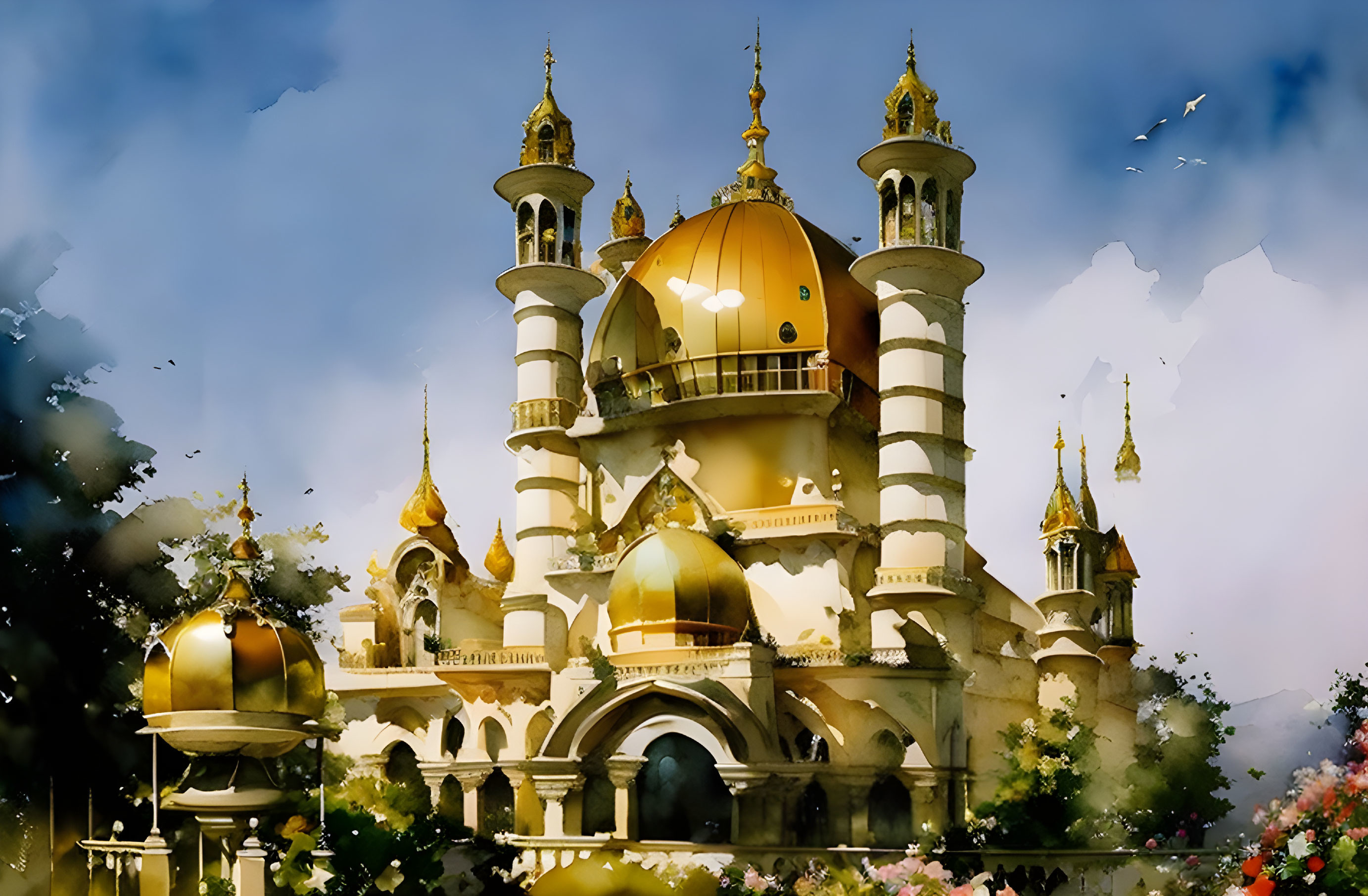 Ornate palace with golden domes and spires against cloudy blue sky