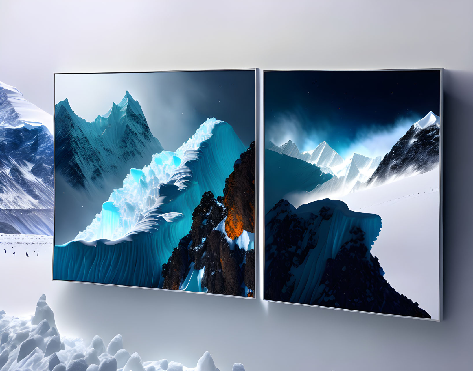 Surreal digital mountain landscape diptych with icy peaks and starry night sky exhibited on white