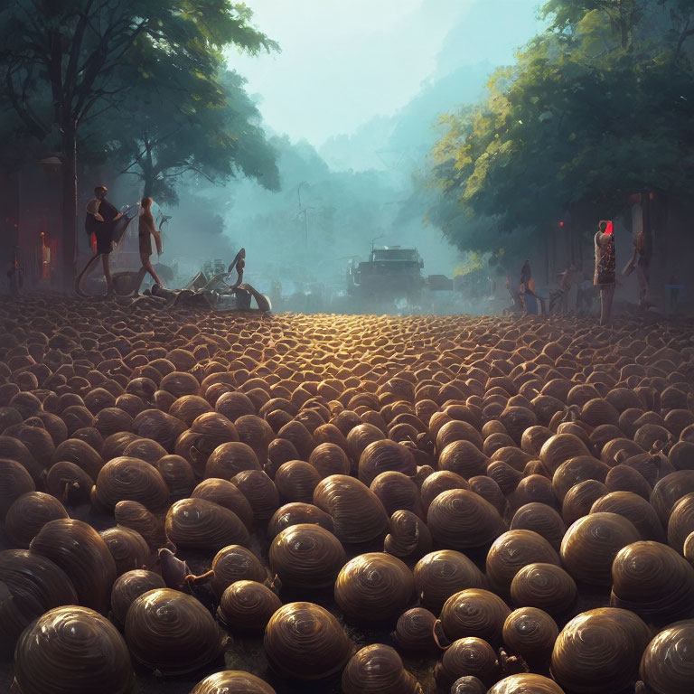 Golden Spheres Fill Street in Misty, Glowing Scene