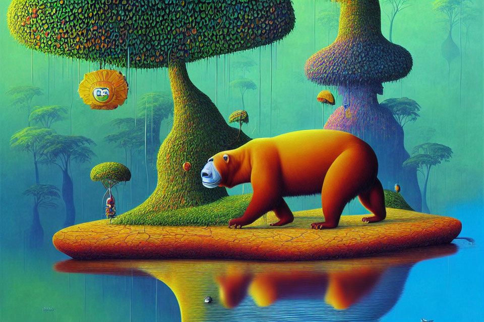 Colorful Surreal Forest with Bear Creature and Whimsical Trees Reflection