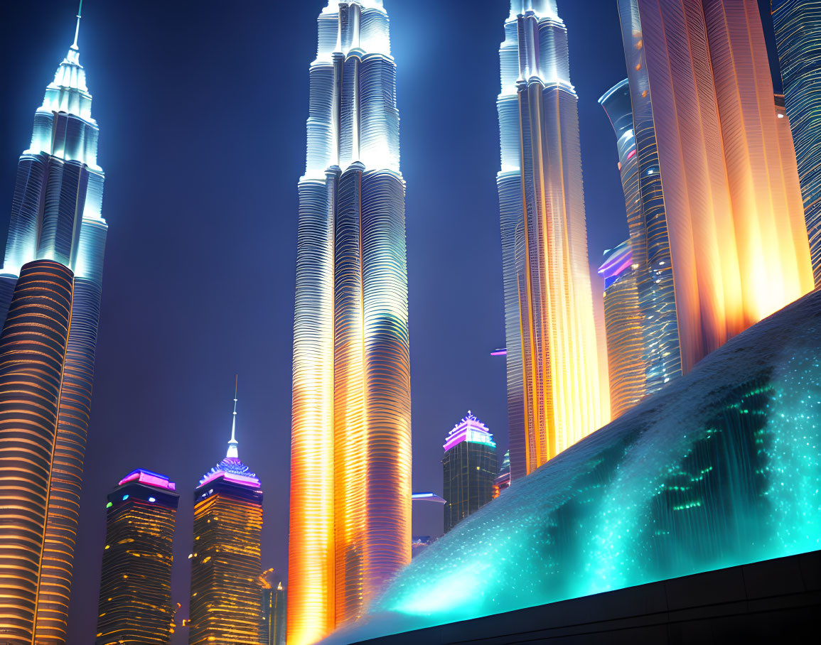 Futuristic cityscape with illuminated skyscrapers and dynamic lighting.