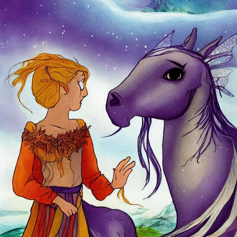 Illustration of young girl in orange dress with purple, dragon-like horse on starry watercolor background