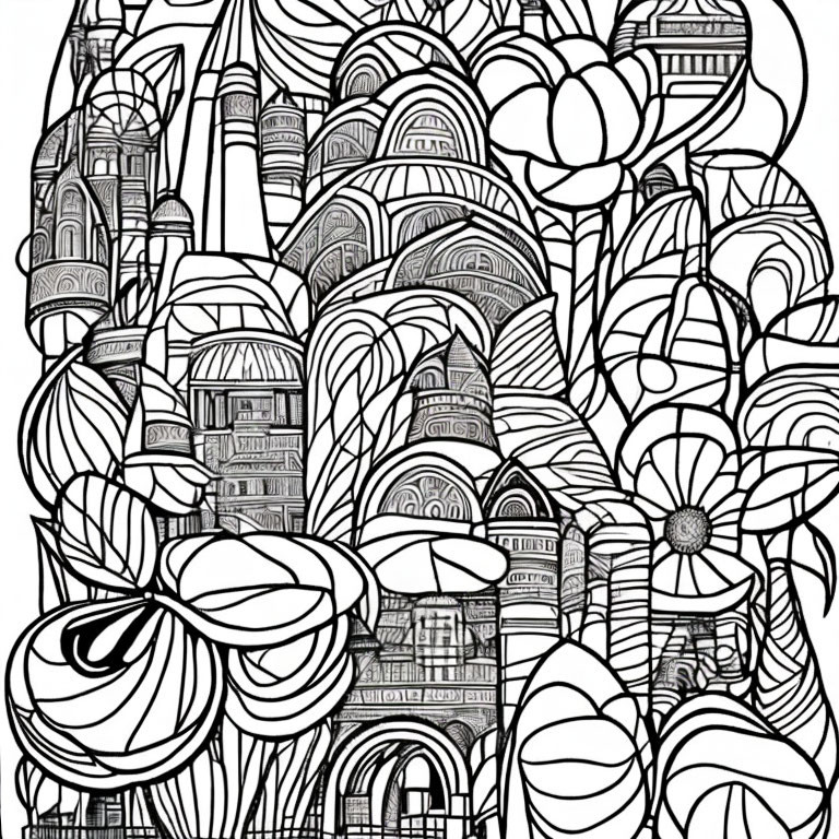 Detailed Black and White Architectural and Floral Line Art