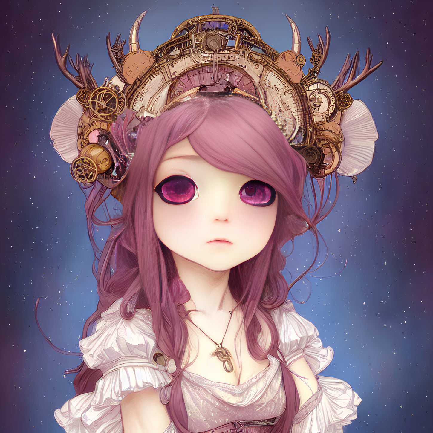 Purple-haired girl in Victorian attire with steampunk headgear on starry background