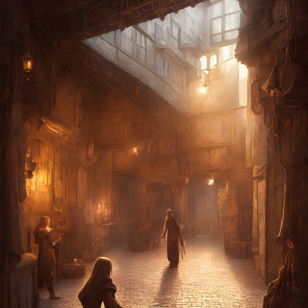 Medieval fantasy alleyway with cloaked figures and lantern-lit buildings