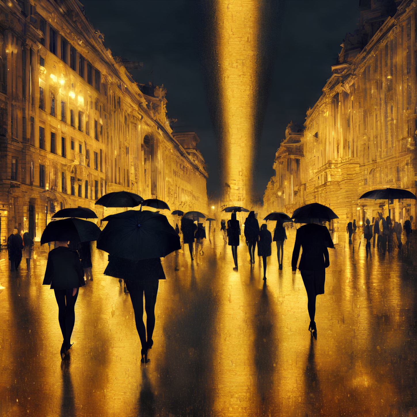 Night scene of people with umbrellas on rainy street under golden sky