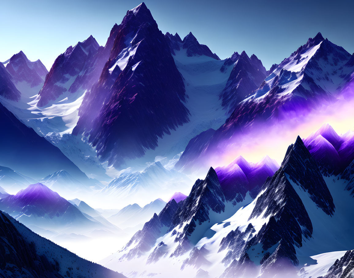 Majestic mountain range with snowy peaks under blue sky