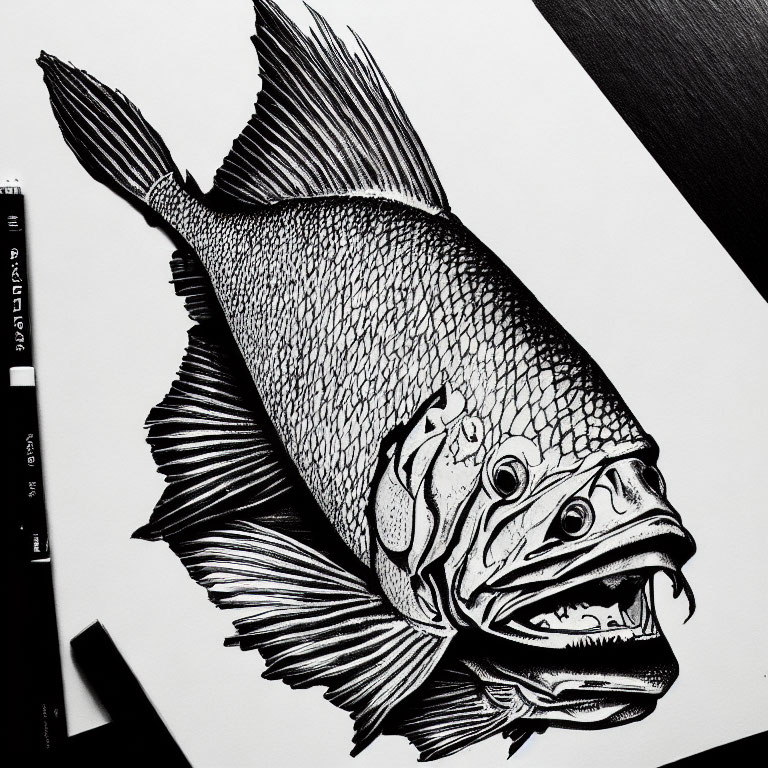 Detailed black and white ink drawing of a fish with intricate scales and fins on a surface with drawing pens