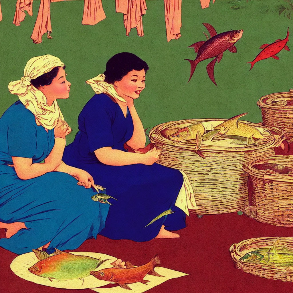 Vintage-style illustration of two women with fish-filled baskets.