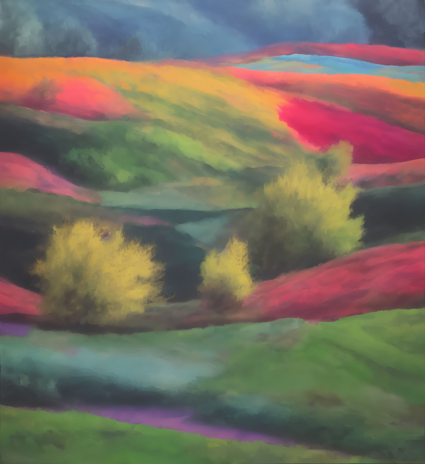 Colorful Abstract Landscape Painting with Rolling Hills and Trees