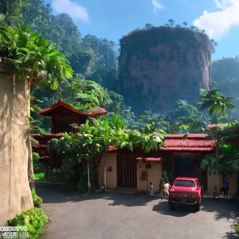 Red Pickup Truck in Front of Traditional Asian Architecture in Lush Landscape