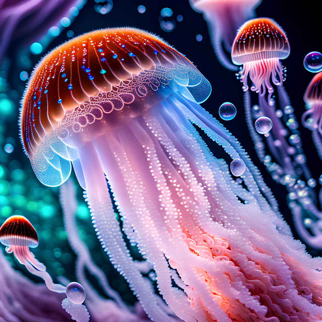 Vibrant digital artwork: Glowing jellyfish in deep-sea setting