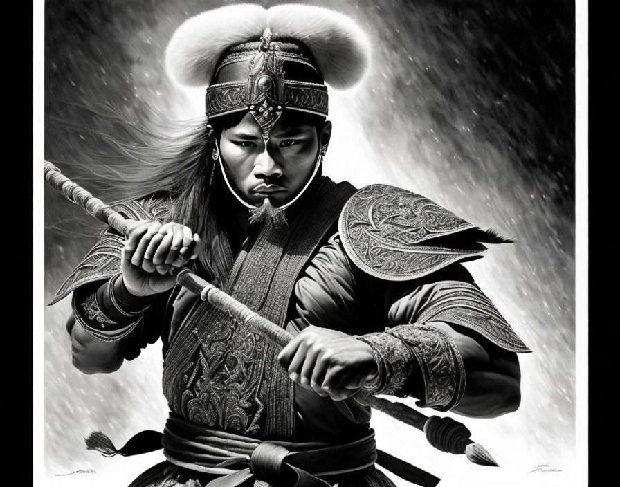 Monochromatic warrior in ancient armor with spear on starry backdrop