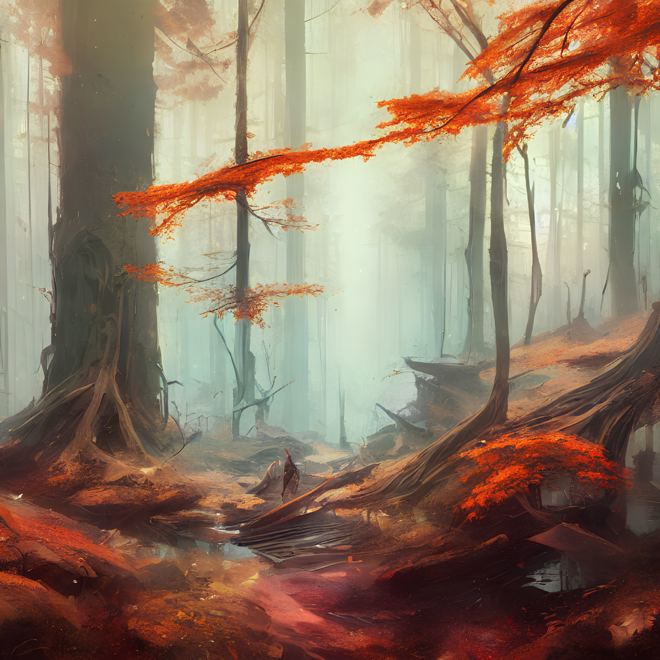 Misty forest with vibrant orange foliage and sunbeams