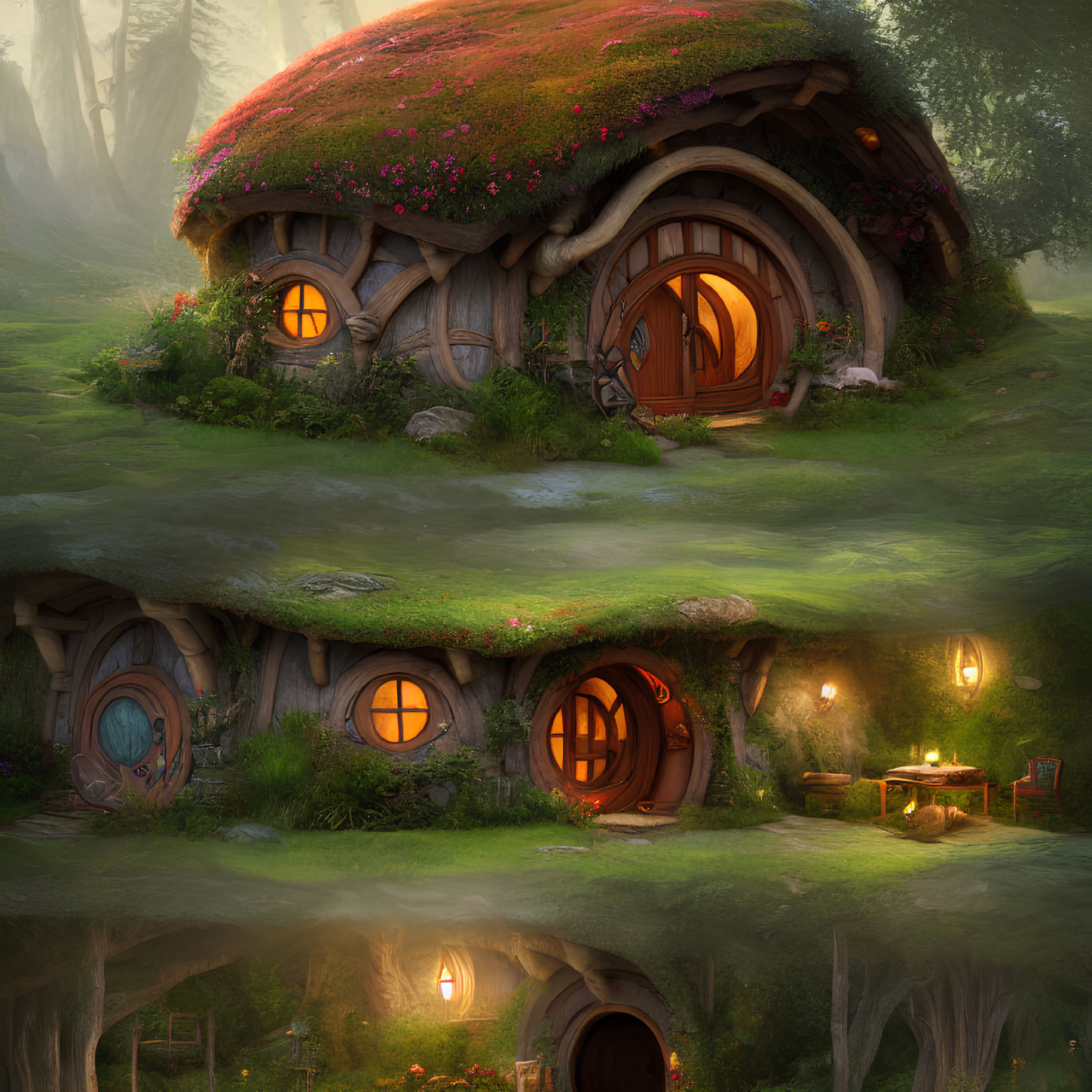 Four Hobbit-Style Houses in Enchanting Forest Setting