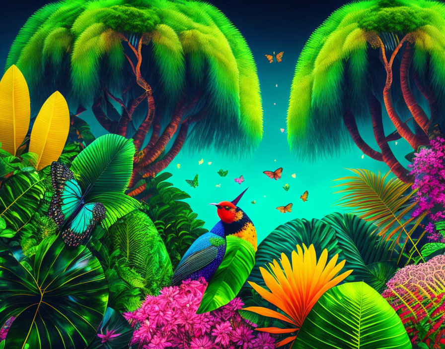 Colorful bird in lush tropical setting with butterflies under starry sky